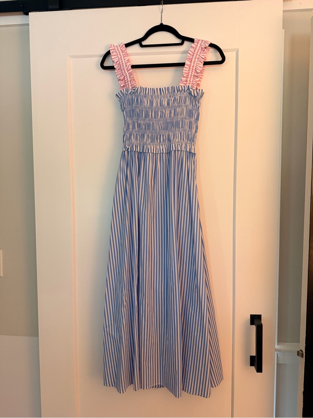 Blue and White Striped Maxi Dress with Pink Ruffle Straps